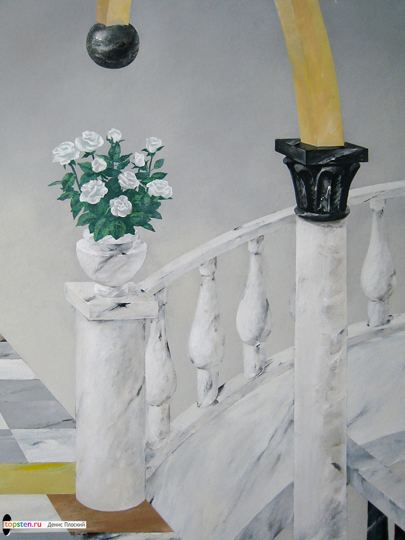 Нарисованная ваза с белыми розами на стене