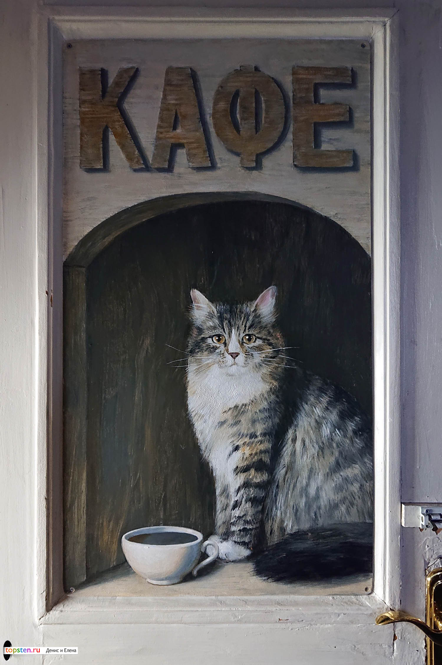 кот нарисованный на двери при входе в кафе