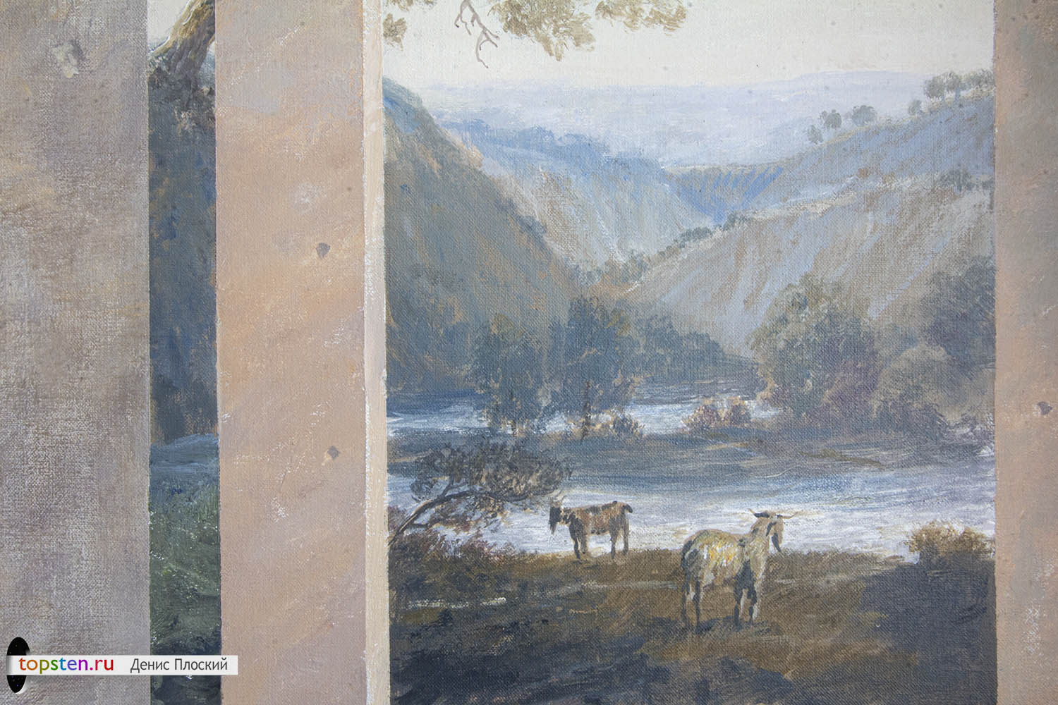 фрагмент картины с пейзажем, озером и козами