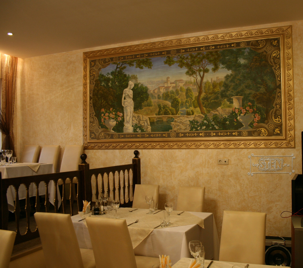 Картина в ресторане с видом на старый замок из сада
